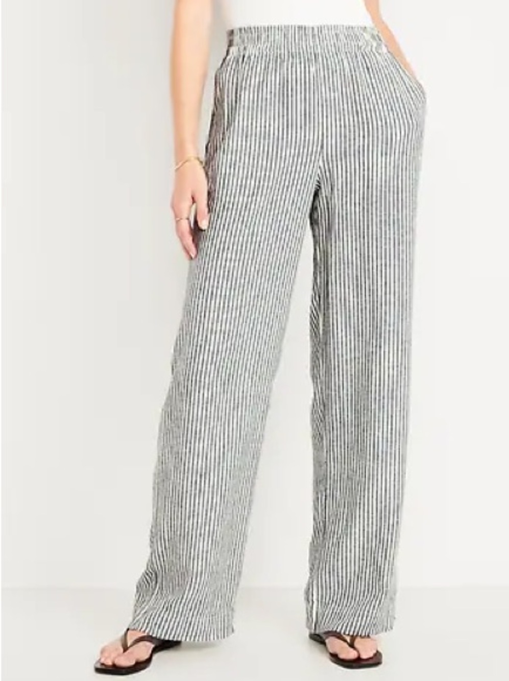 Old Navy Linen Wide Leg Striped Navy Blue White Stripe Pants Size Medium